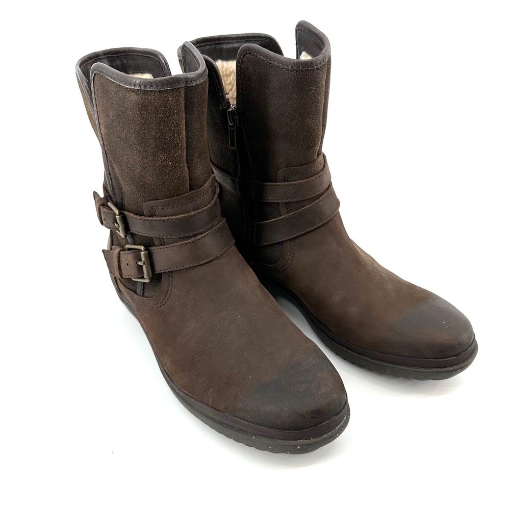 UGG Simmens Brown Leather Suede Waterproof Shearling Moto Boots 1008439 Womens 9